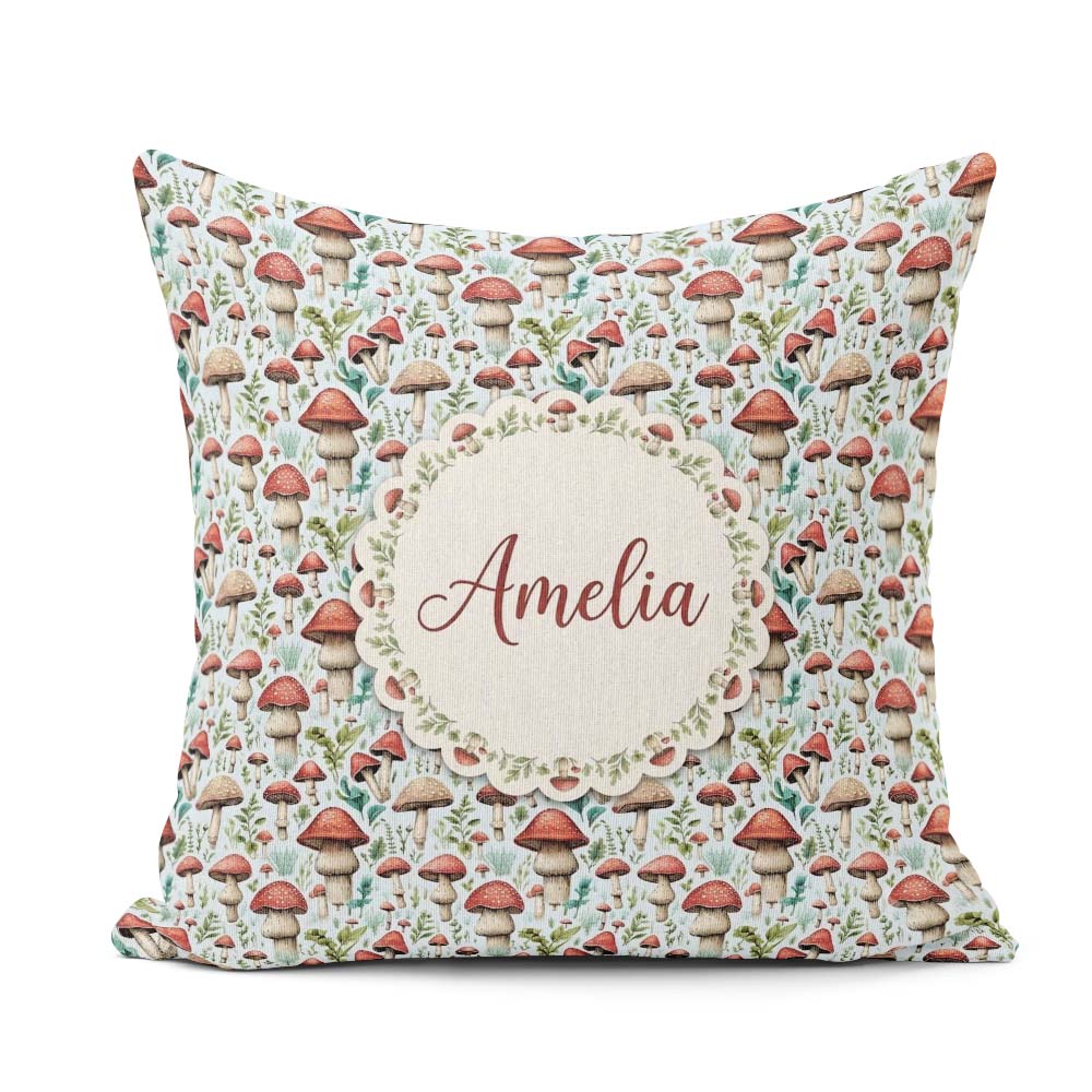 Custom Name Woodland Red Toadstool Mushroom Botanical Name Cute Square Filled Cushion Throw Pillow Sofa Bed Home Decor Zip Washable UK Made