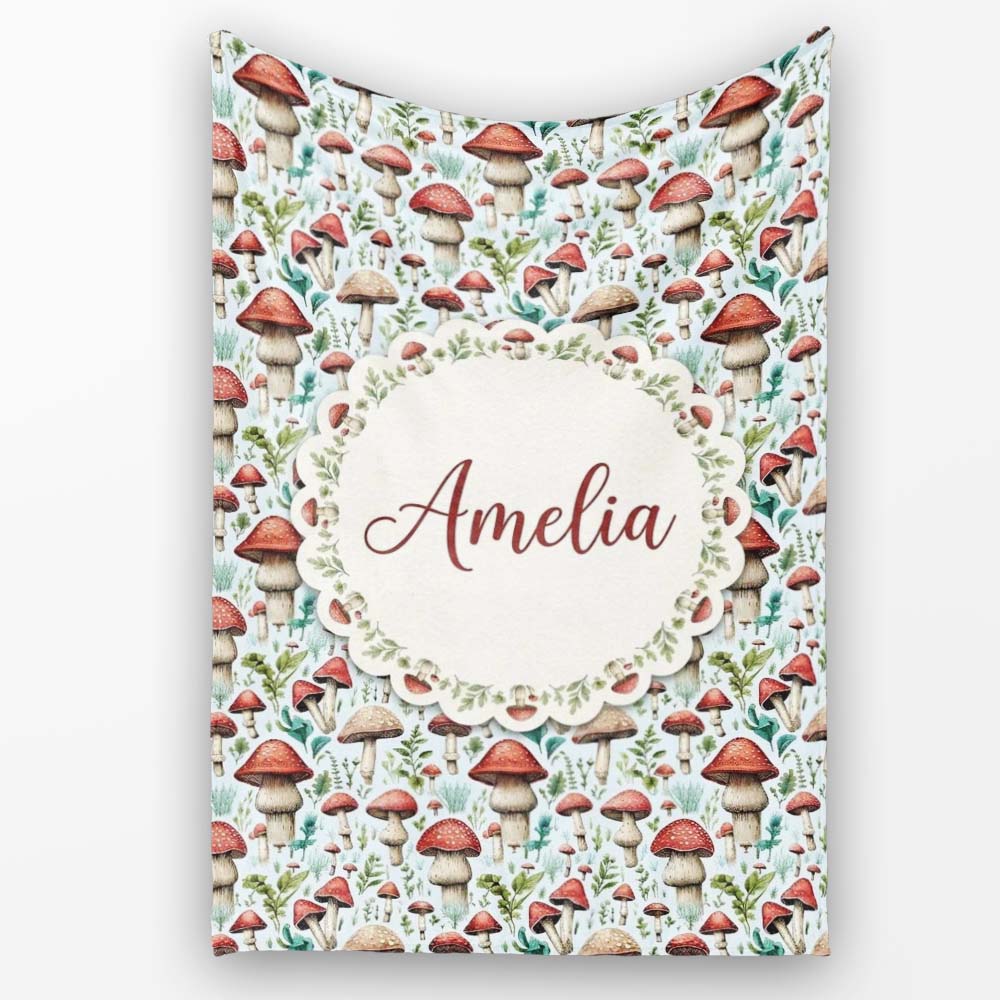 Woodland Red Toadstool Mushroom Botanical Seamless Pattern Name Cute Personalised Custom Name Super Soft Fleece Blanket Bed Sofa Throw