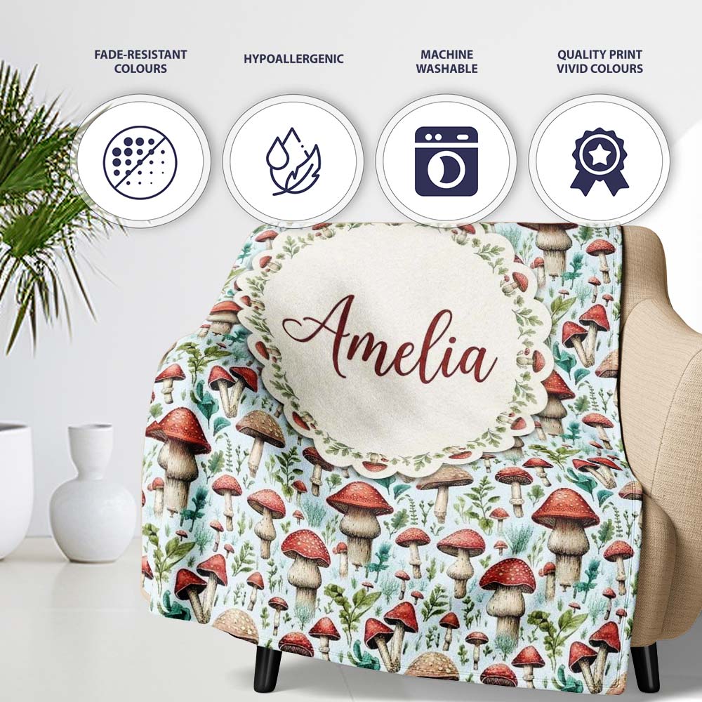 Woodland Red Toadstool Mushroom Botanical Seamless Pattern Name Cute Personalised Custom Name Super Soft Fleece Blanket Bed Sofa Throw