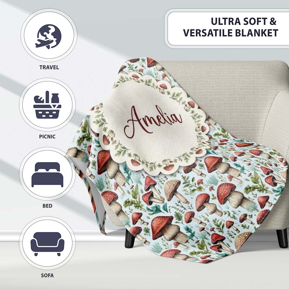Woodland Red Toadstool Mushroom Botanical Seamless Pattern Name Cute Personalised Custom Name Super Soft Fleece Blanket Bed Sofa Throw