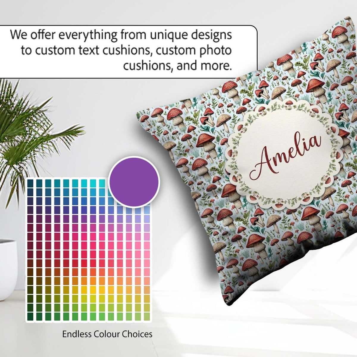 Custom Name Woodland Red Toadstool Mushroom Botanical Name Cute Square Filled Cushion Throw Pillow Sofa Bed Home Decor Zip Washable UK Made