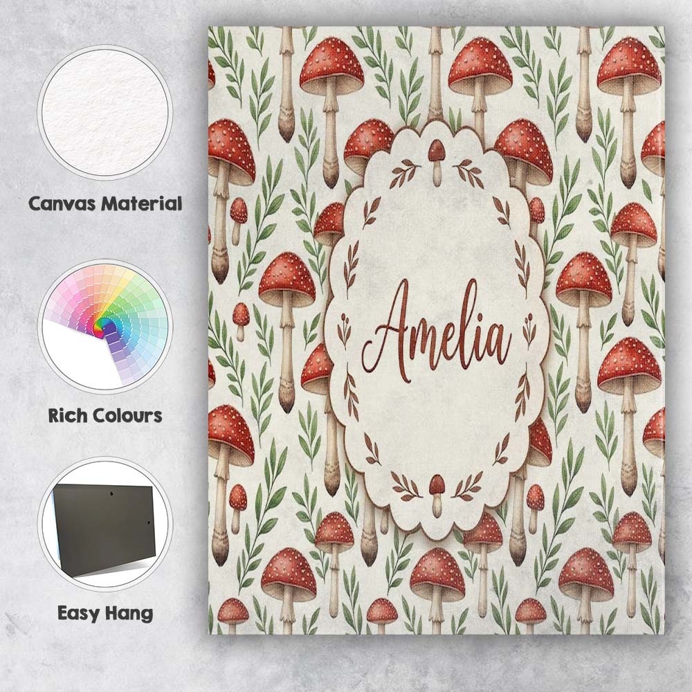 Personalised Name Minimal Red Mushroom Custom Modern Room Accent Elegant Feature Canvas Wall Art Print Decor Picture Ready to Hang