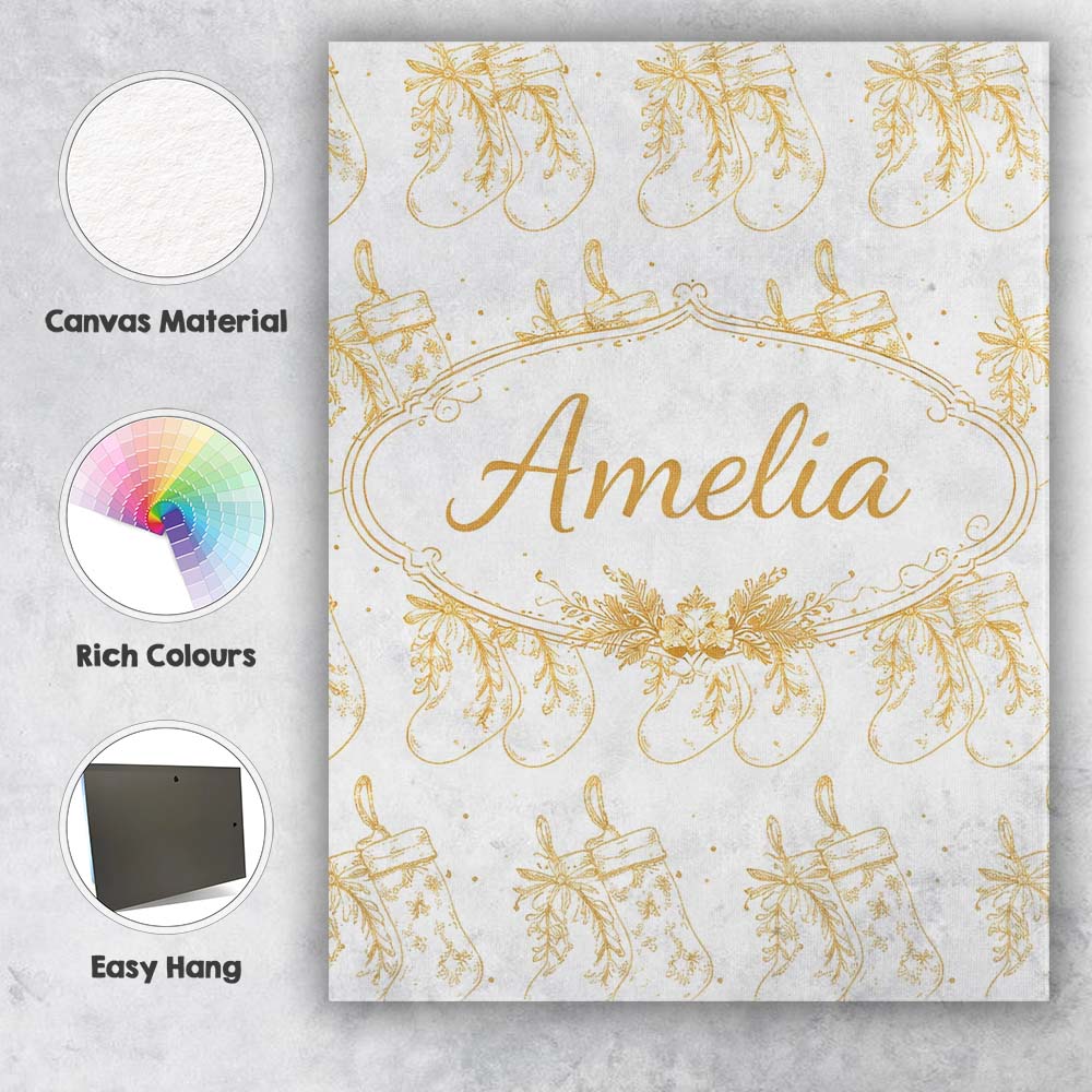 Personalised Name Gold Christmas Stockings Outline Seamless Pattern Custom Canvas Wall Art Print Decor Picture Ready to Hang