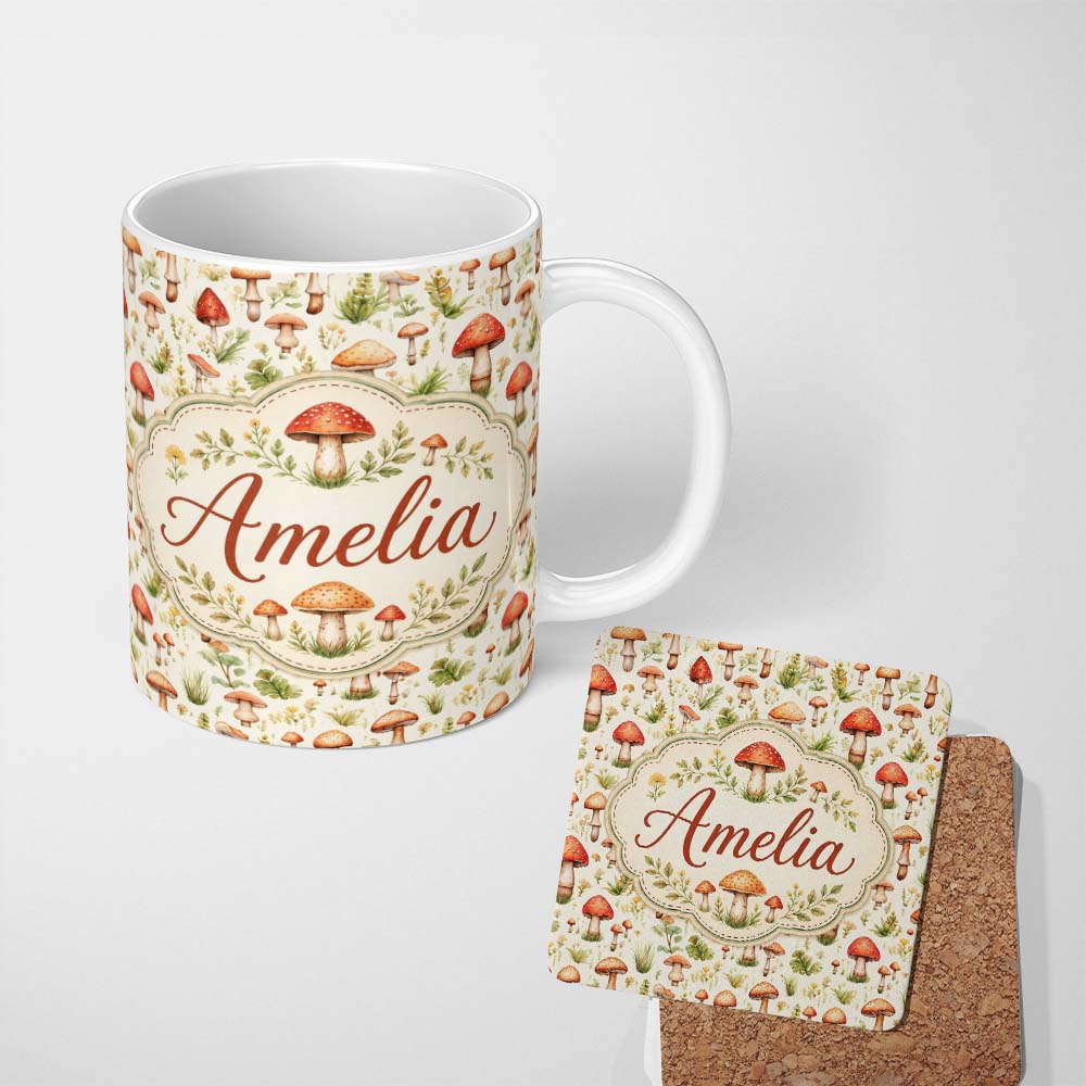 Personalized Custom Name Wild Forest Mushroom Botanical Meadow Seamless Pattern Name Cute 11oz Ceramic Coffee Tea Mug White Large Handle