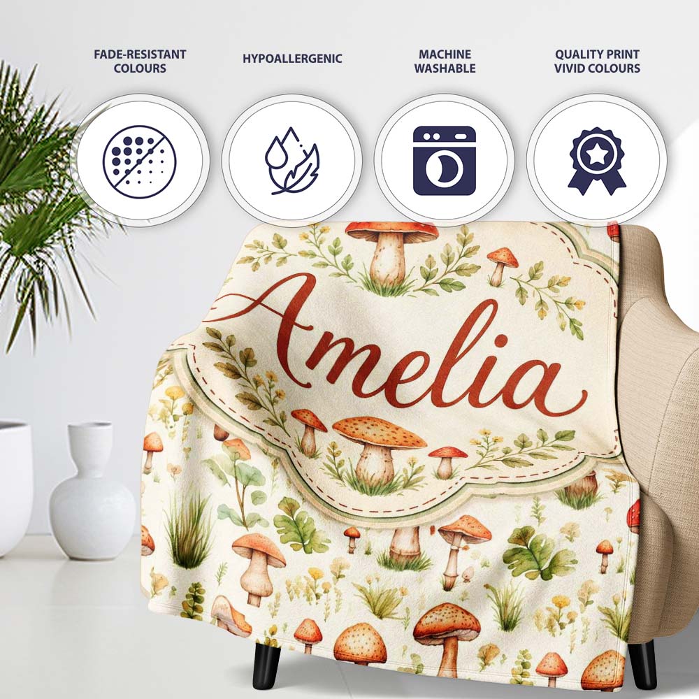 Wild Forest Mushroom Botanical Meadow Seamless Pattern Name Cute Personalised Custom Name Super Soft Fleece Blanket Bed Sofa Throw
