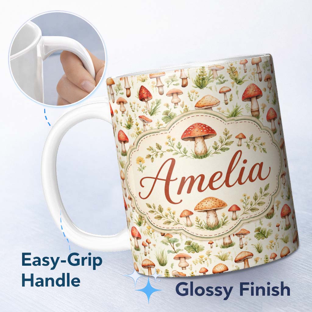Personalized Custom Name Wild Forest Mushroom Botanical Meadow Seamless Pattern Name Cute 11oz Ceramic Coffee Tea Mug White Large Handle