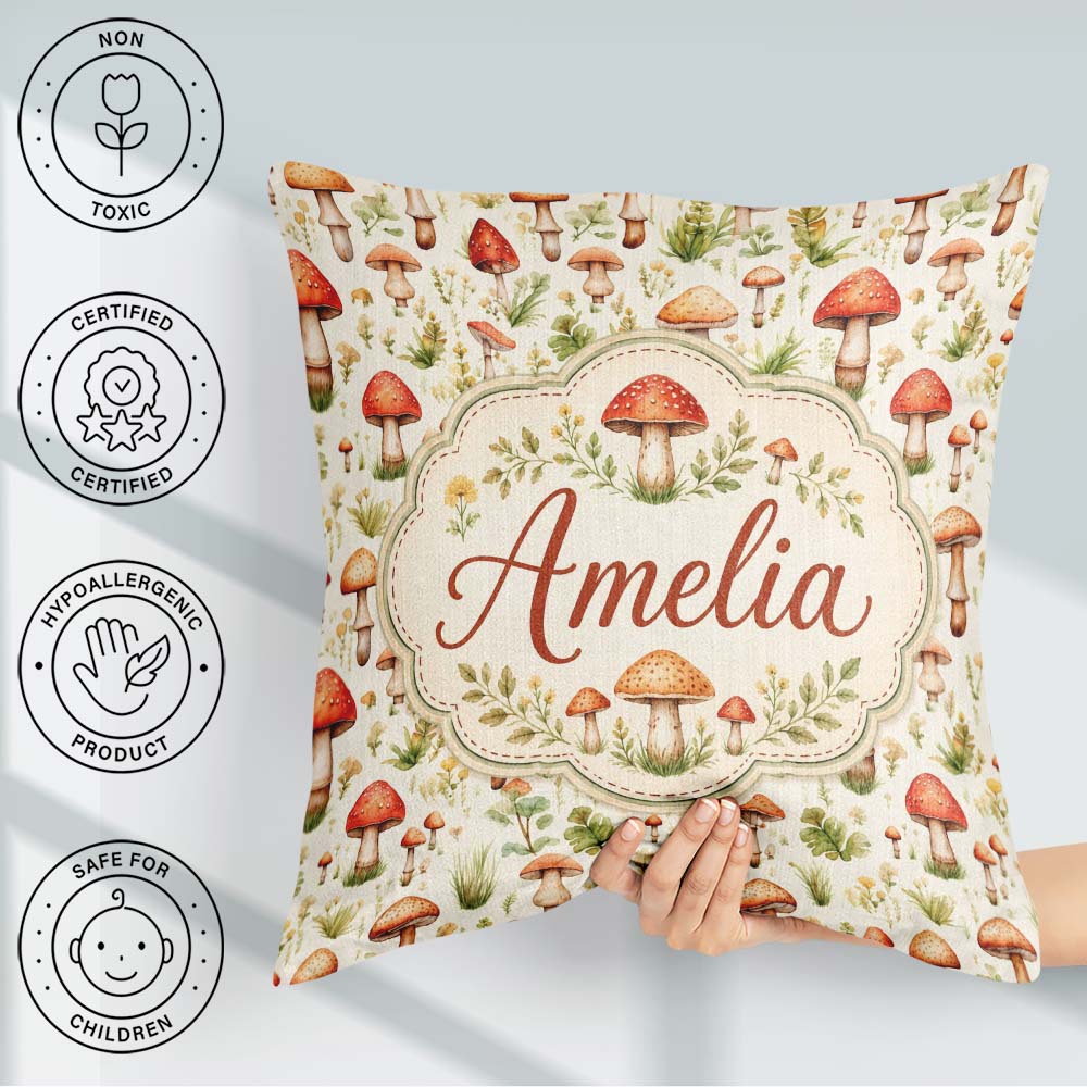 Custom Name Wild Forest Mushroom Botanical Seamless Pattern Name Square Filled Cushion Throw Pillow Sofa Bed Home Decor Zip Washable UK Made