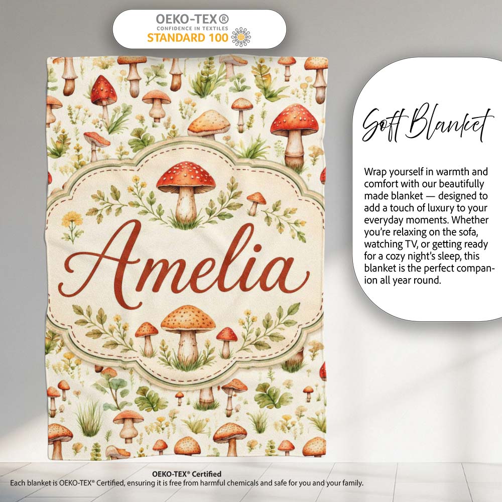 Wild Forest Mushroom Botanical Meadow Seamless Pattern Name Cute Personalised Custom Name Super Soft Fleece Blanket Bed Sofa Throw
