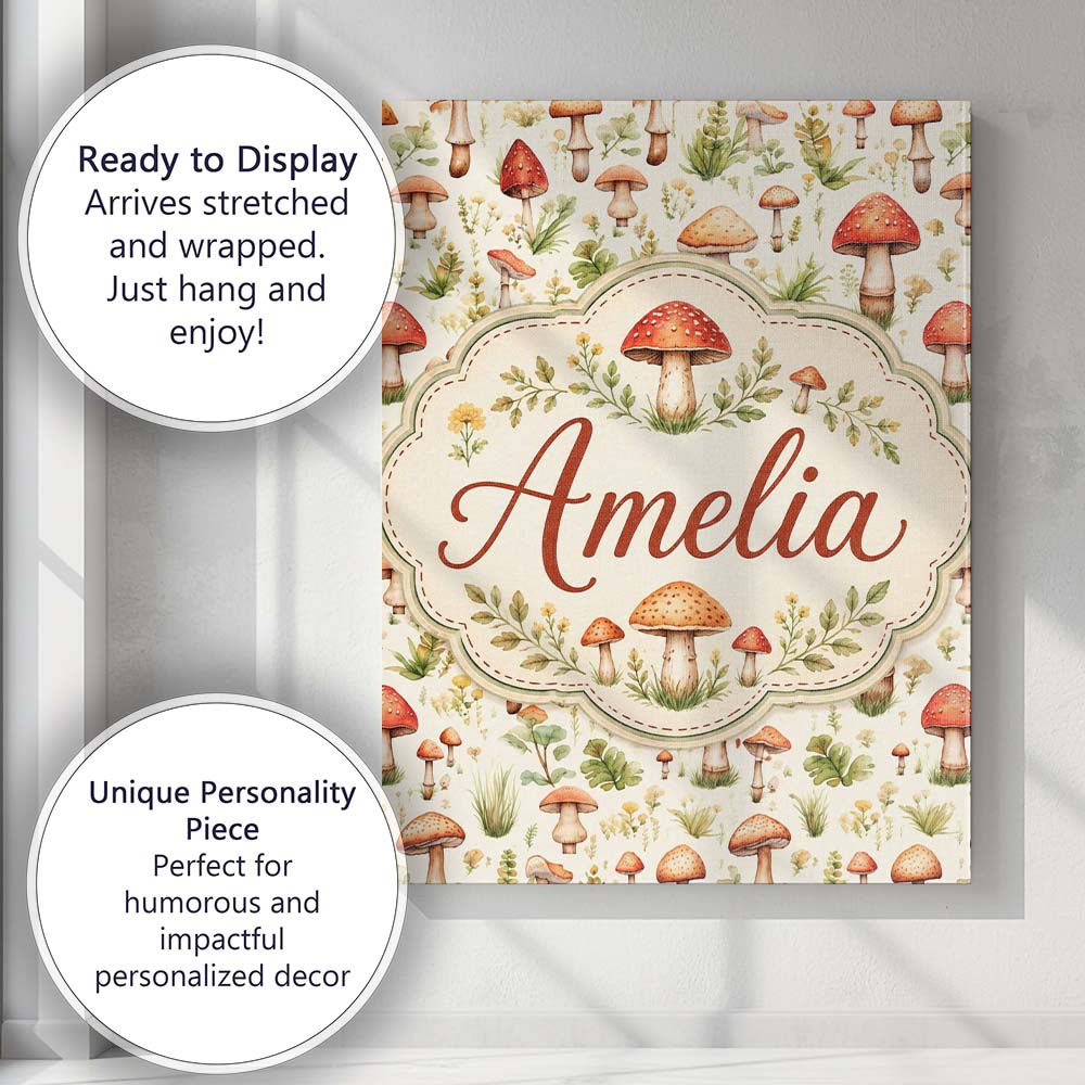 Personalised Name Wild Forest Mushroom Custom Modern Room Accent Elegant Feature Canvas Wall Art Print Decor Picture Ready to Hang
