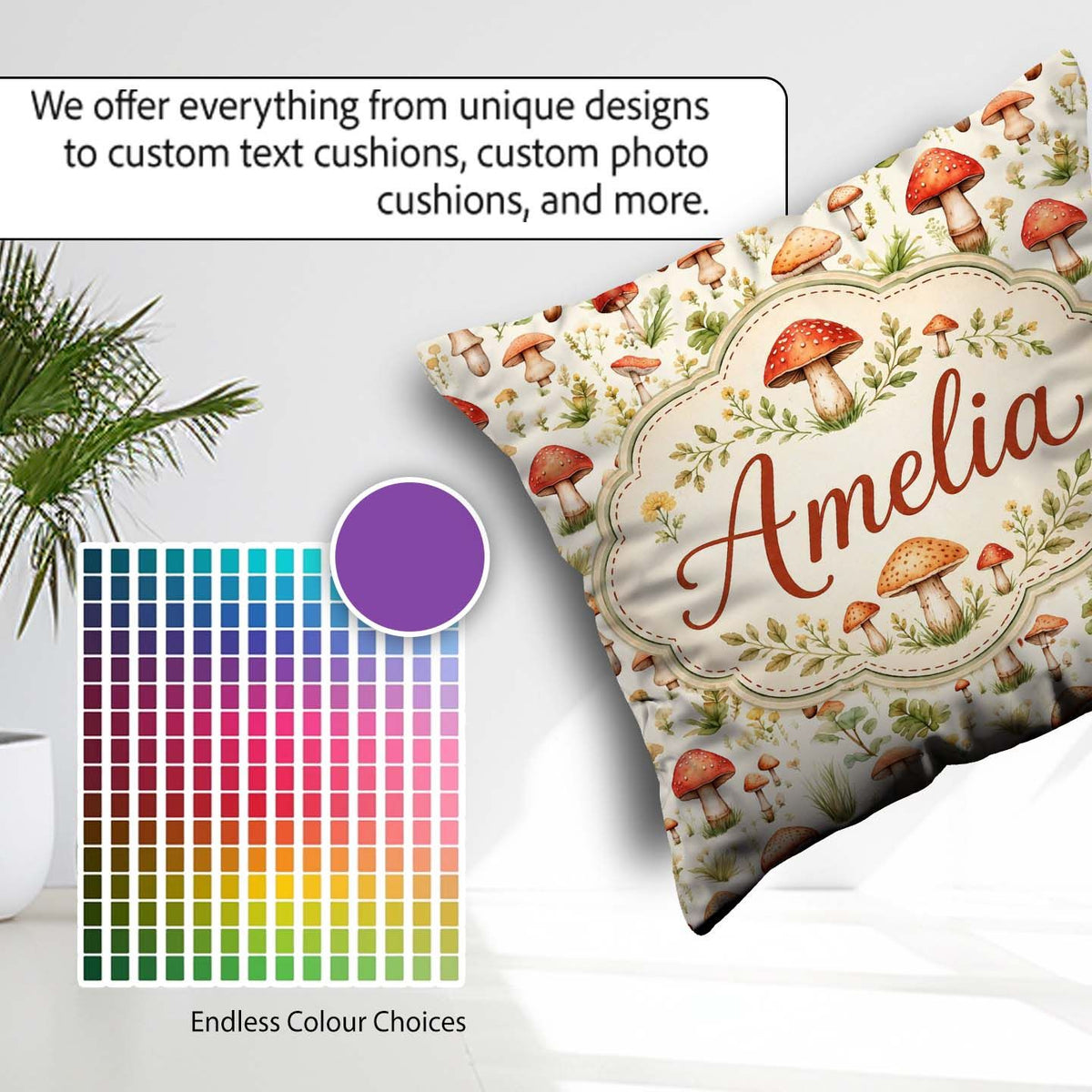 Custom Name Wild Forest Mushroom Botanical Seamless Pattern Name Square Filled Cushion Throw Pillow Sofa Bed Home Decor Zip Washable UK Made