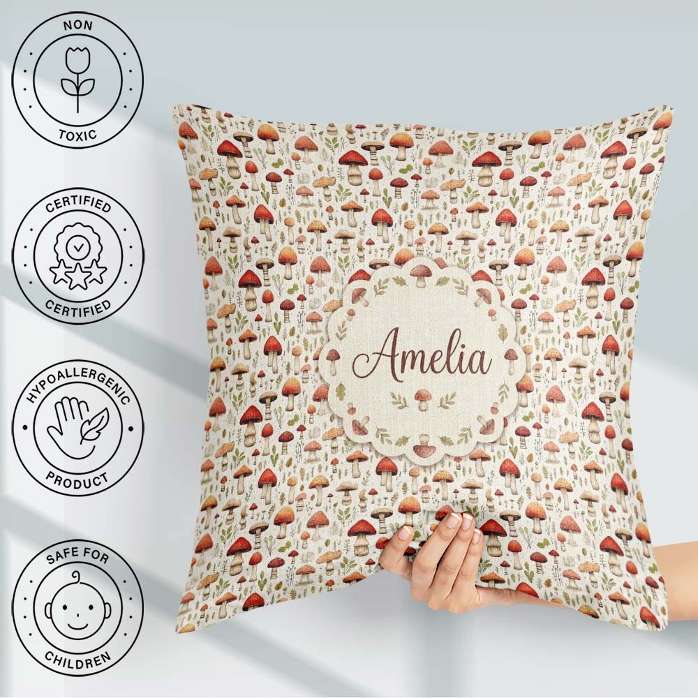 Custom Name Neutral Earth Tone Mushroom Botanical Seamless Name Square Filled Cushion Throw Pillow Sofa Bed Home Decor Zip Washable UK Made