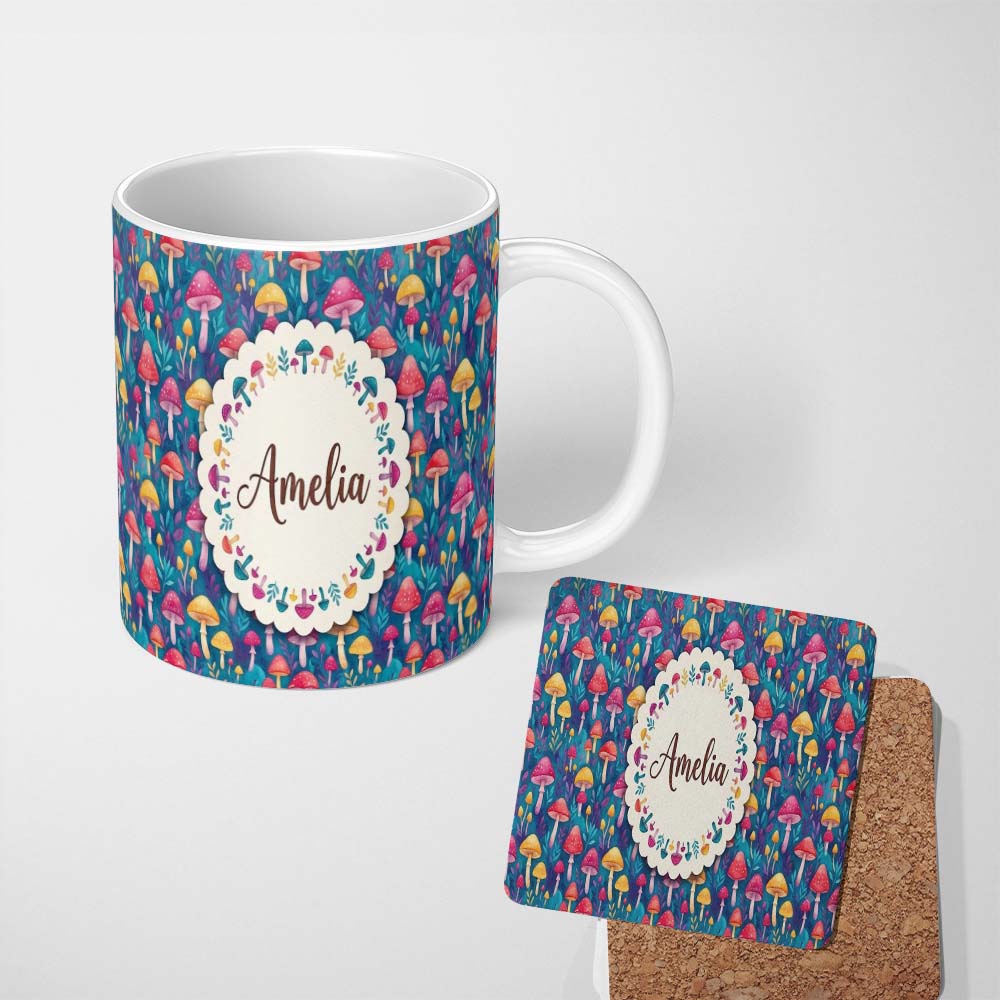 Personalized Custom Name Vibrant Neon Fantasy Mushroom Forest Seamless Pattern Name Cute 11oz Ceramic Coffee Tea Mug White Large Handle