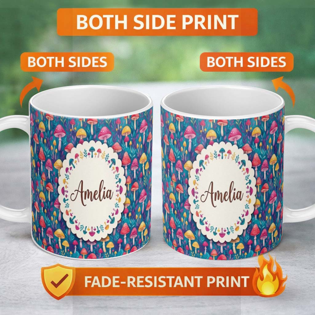 Personalized Custom Name Vibrant Neon Fantasy Mushroom Forest Seamless Pattern Name Cute 11oz Ceramic Coffee Tea Mug White Large Handle