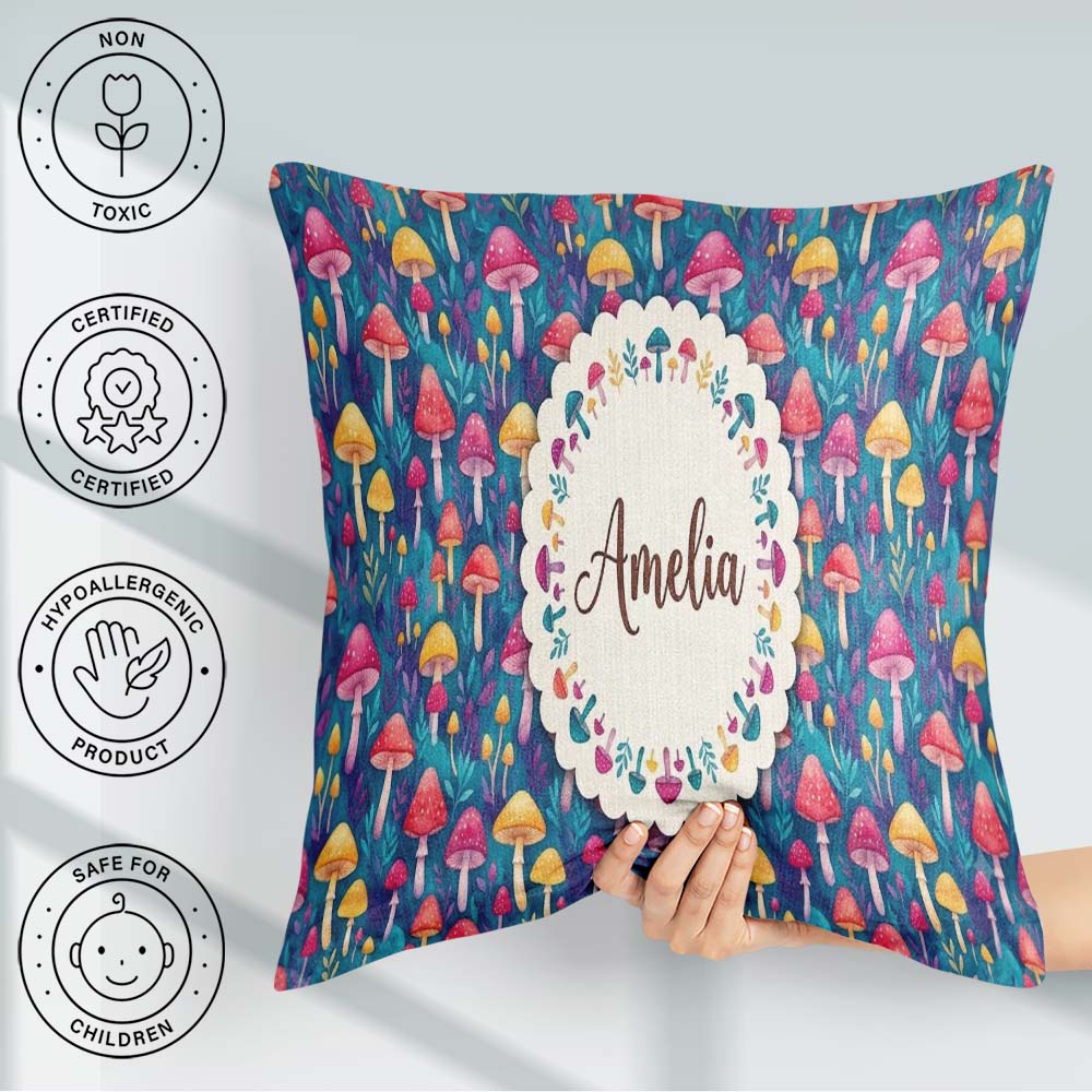 Custom Name Vibrant Neon Fantasy Mushroom Seamless Pattern Name Square Filled Cushion Throw Pillow Sofa Bed Home Decor Zip Washable UK Made