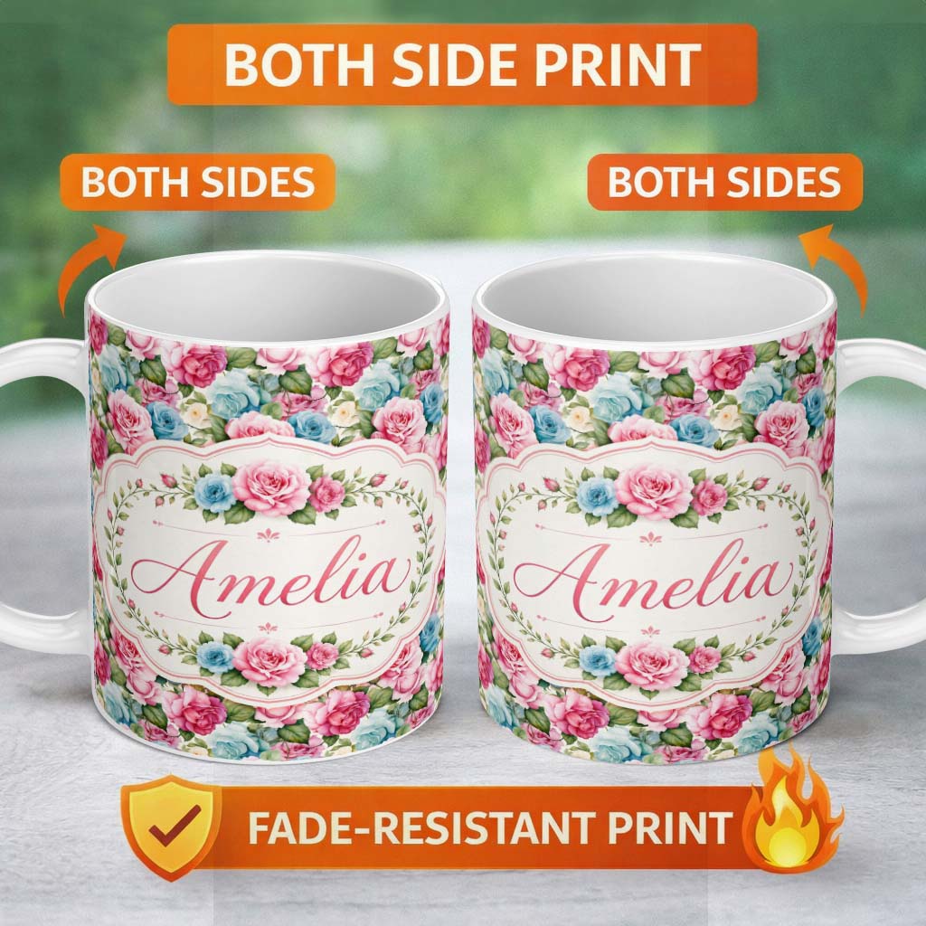 Personalized Custom Name Elegant Pink Blue Rose Floral Seamless Pattern Name Cute Unique Gift 11oz Ceramic Coffee Tea Mug White Large Handle