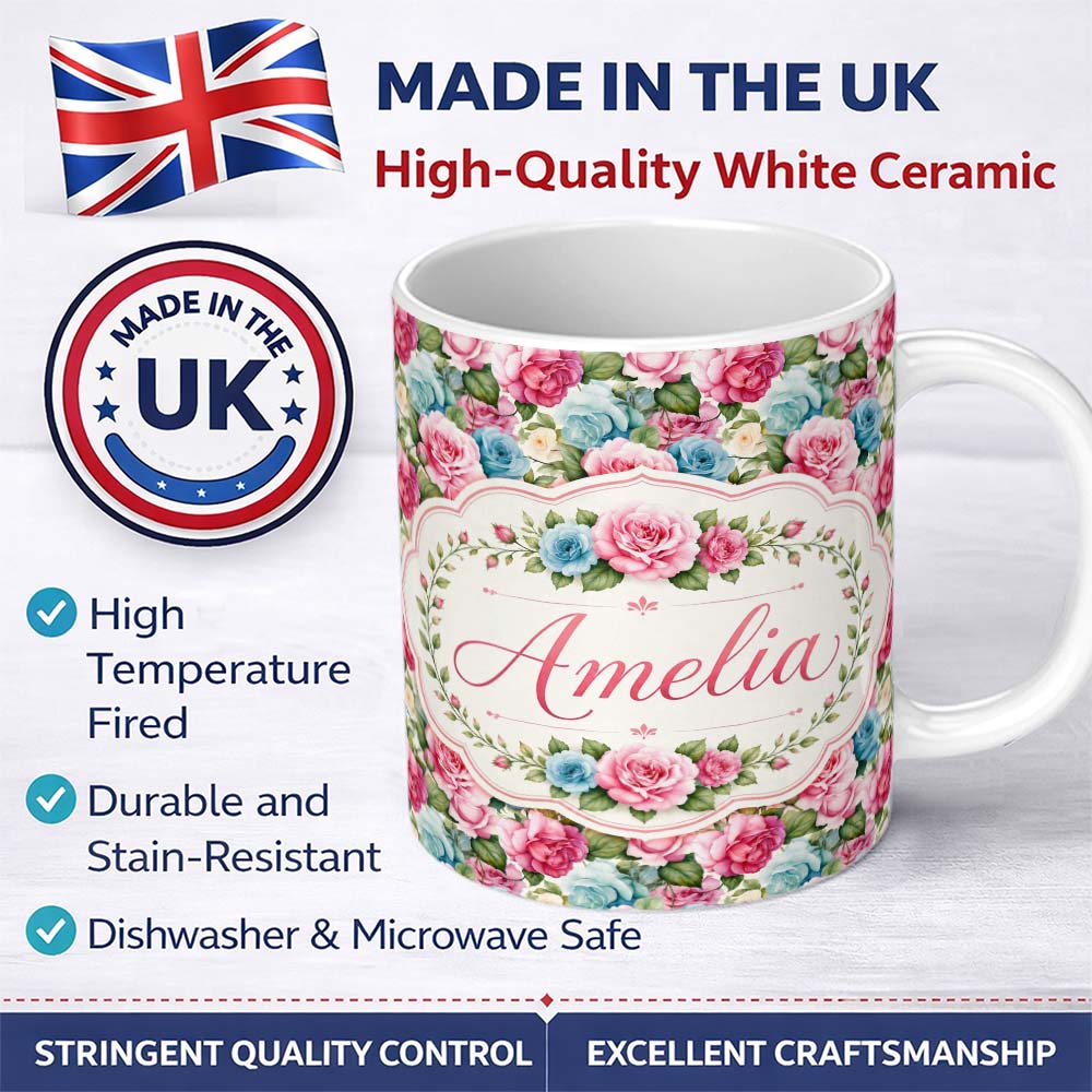 Personalized Custom Name Elegant Pink Blue Rose Floral Seamless Pattern Name Cute Unique Gift 11oz Ceramic Coffee Tea Mug White Large Handle