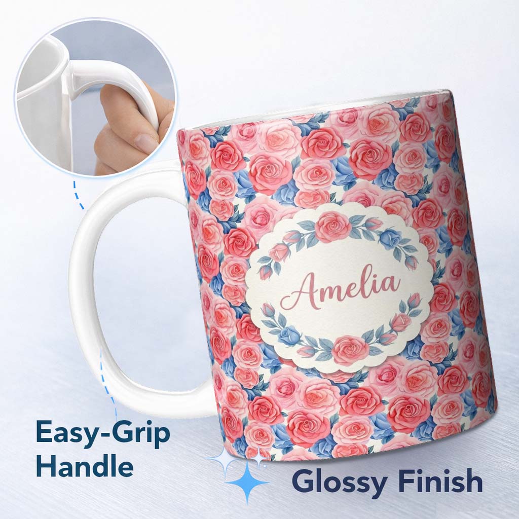 Personalized Custom Name Soft Pink Blue Rose Floral Seamless Pattern Name Cute Unique Gift 11oz Ceramic Coffee Tea Mug White Large Handle