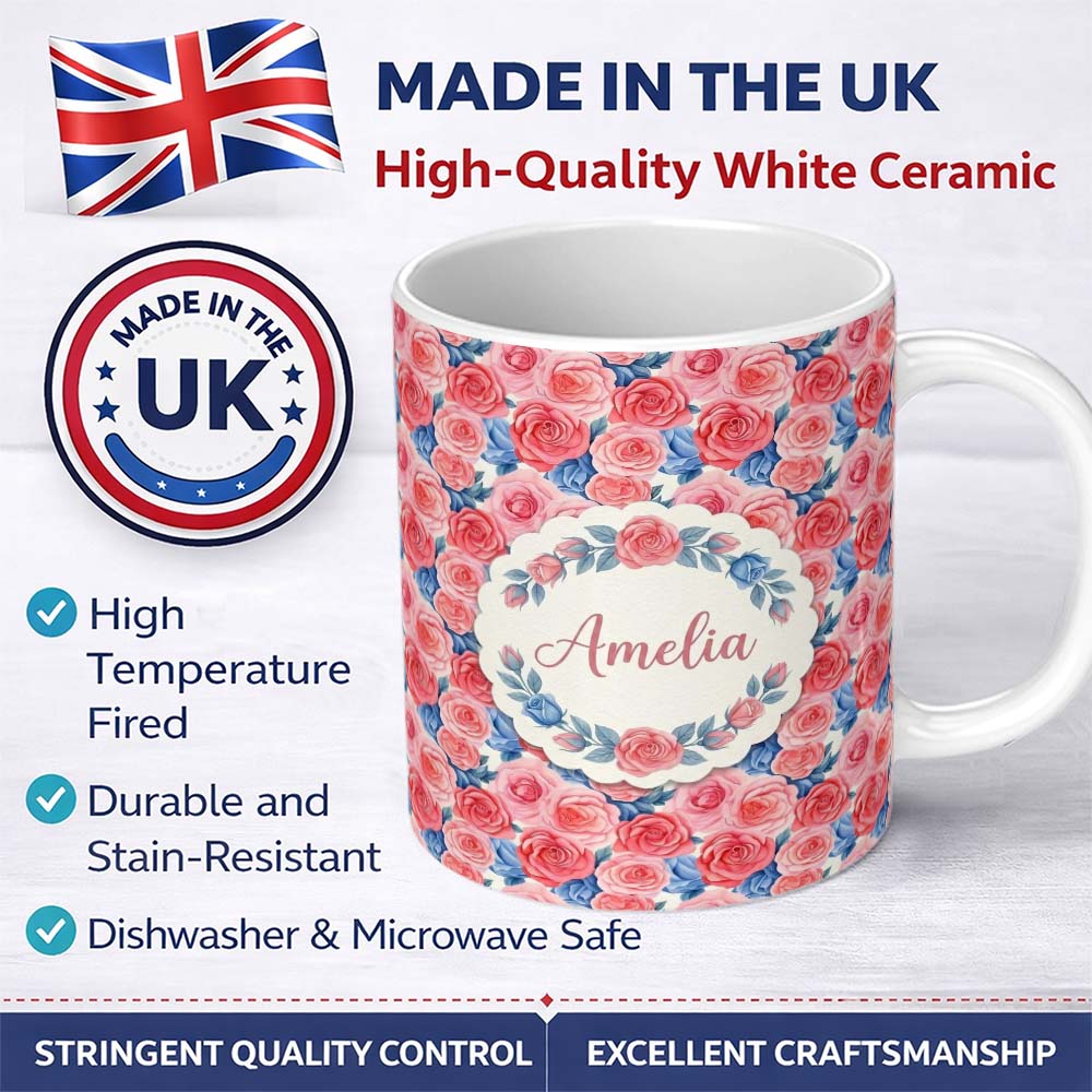 Personalized Custom Name Soft Pink Blue Rose Floral Seamless Pattern Name Cute Unique Gift 11oz Ceramic Coffee Tea Mug White Large Handle