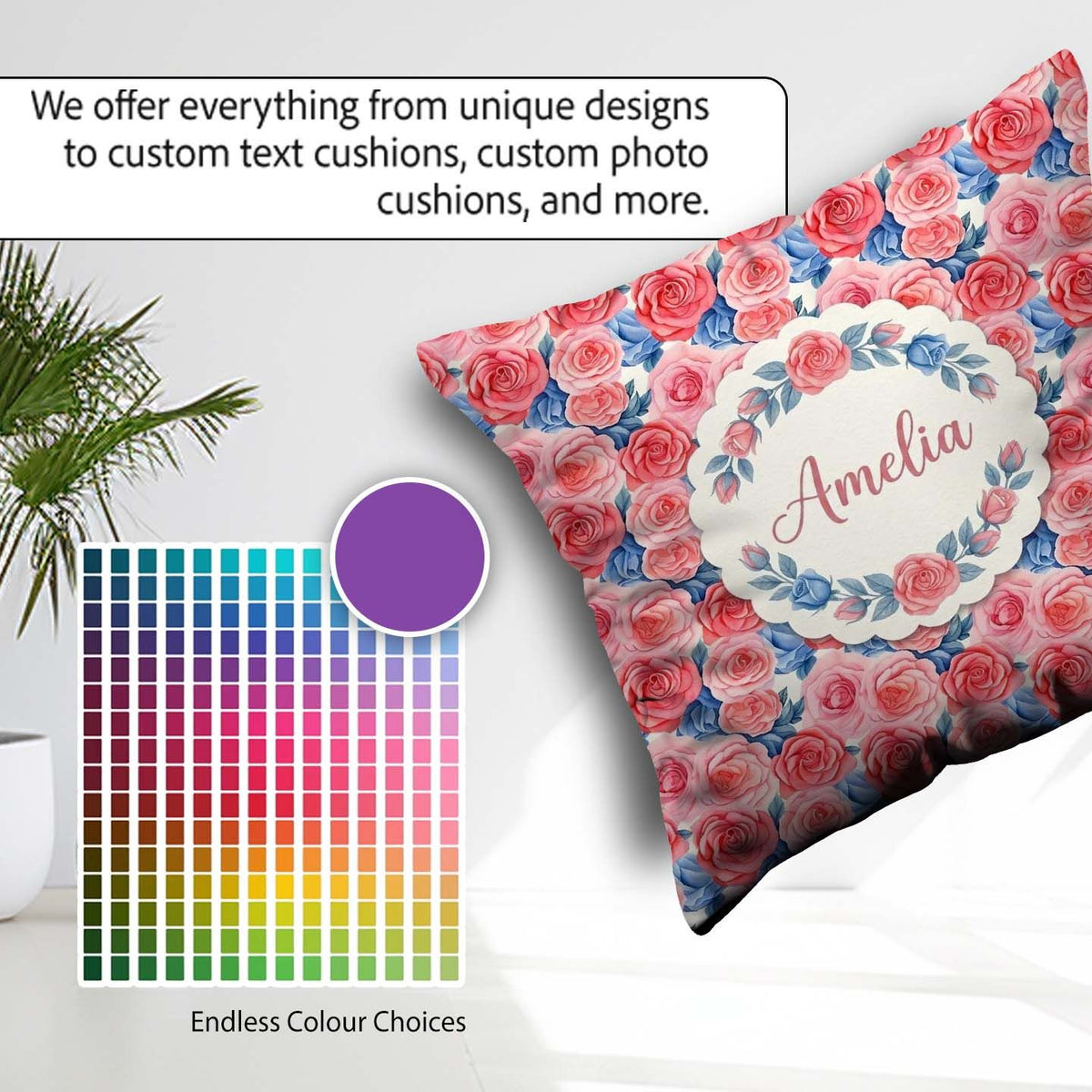 Custom Name Soft Pink Blue Rose Floral Seamless Pattern Name Square Filled Cushion Throw Pillow Sofa Bed Home Decor Zip Washable UK Made