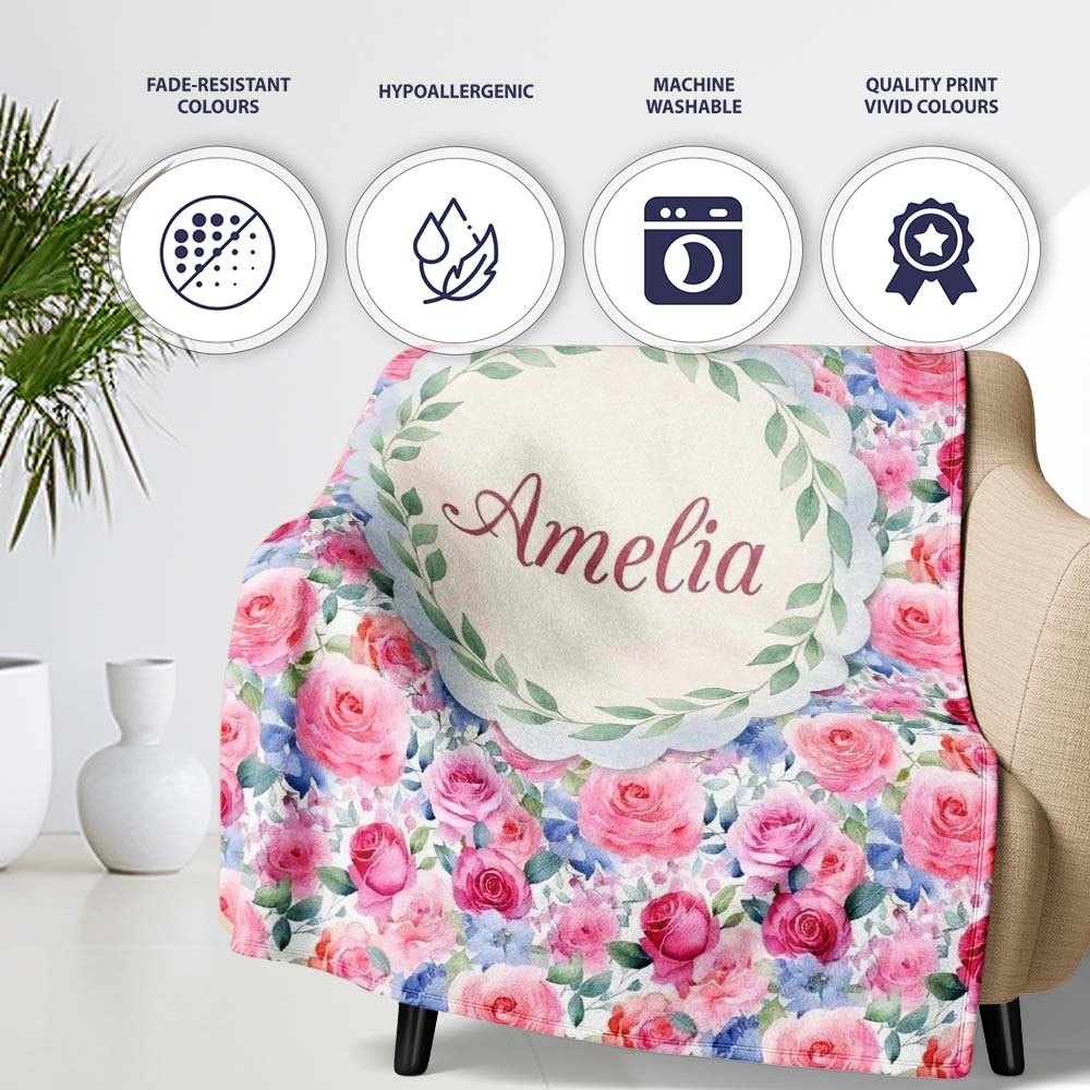 Romantic Watercolor Roses Floral Garden Seamless Pattern Name Cute Personalised Custom Name Super Soft Fleece Blanket Bed Sofa Throw