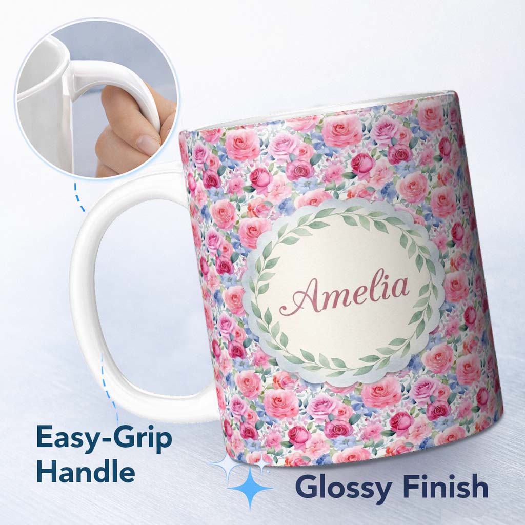 Personalized Custom Name Romantic Watercolor Roses Floral Garden Seamless Pattern Name Cute 11oz Ceramic Coffee Tea Mug White Large Handle