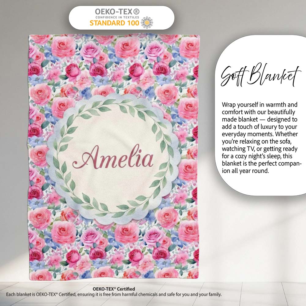 Romantic Watercolor Roses Floral Garden Seamless Pattern Name Cute Personalised Custom Name Super Soft Fleece Blanket Bed Sofa Throw