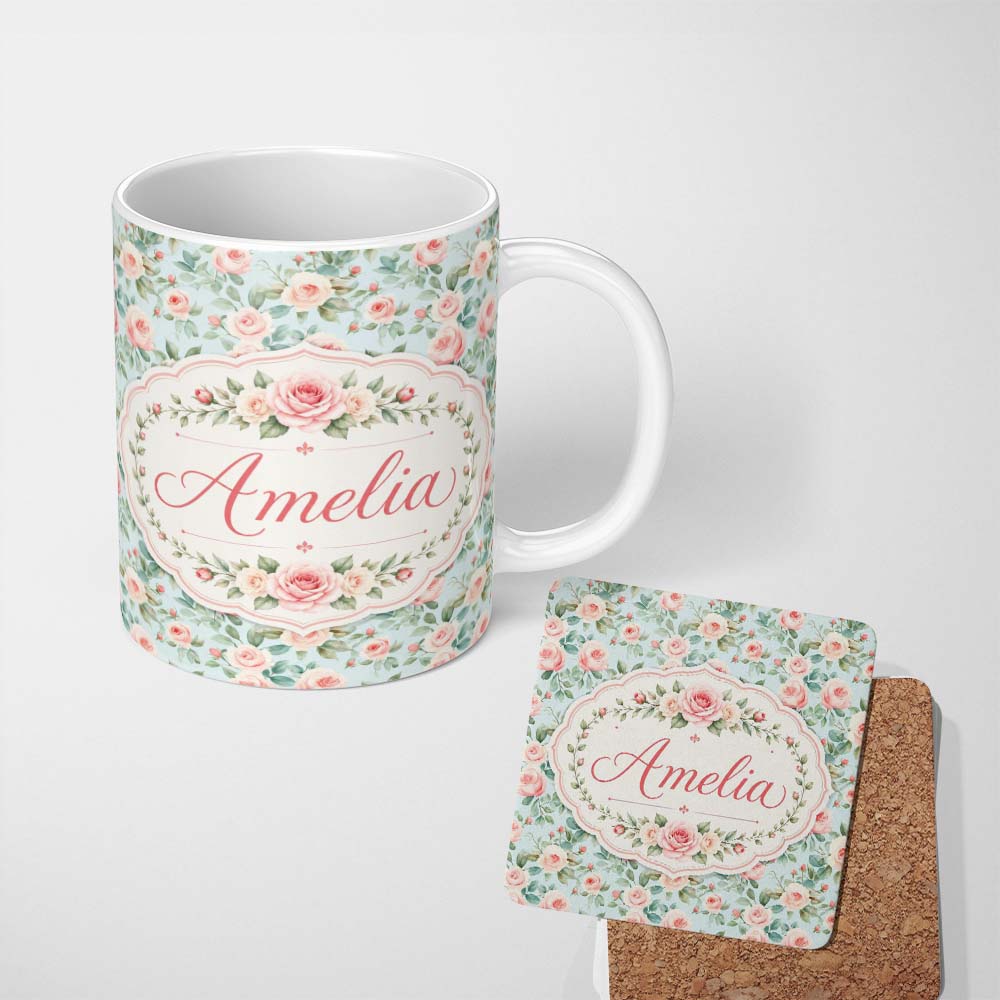 Personalized Custom Name Pastel Rose Leaf Elegant Floral Seamless Pattern Name Cute Unique 11oz Ceramic Coffee Tea Mug White Large Handle