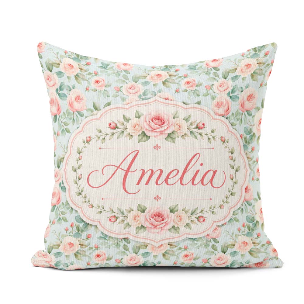 Custom Name Pastel Rose Leaf Elegant Seamless Pattern Name Cute Square Filled Cushion Throw Pillow Sofa Bed Home Decor Zip Washable UK Made
