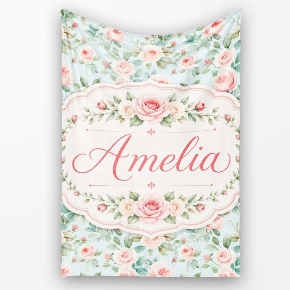 Pastel Rose Leaf Elegant Floral Seamless Pattern Name Cute Unique Personalised Custom Name Super Soft Fleece Blanket Bed Sofa Throw