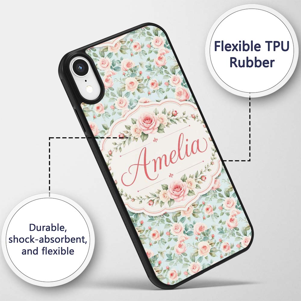 Pastel Rose Leaf Elegant Floral Seamless Pattern Custom Name Protective Phone Case Mobile Cover Durable Everyday Smartphone Shock Resistant