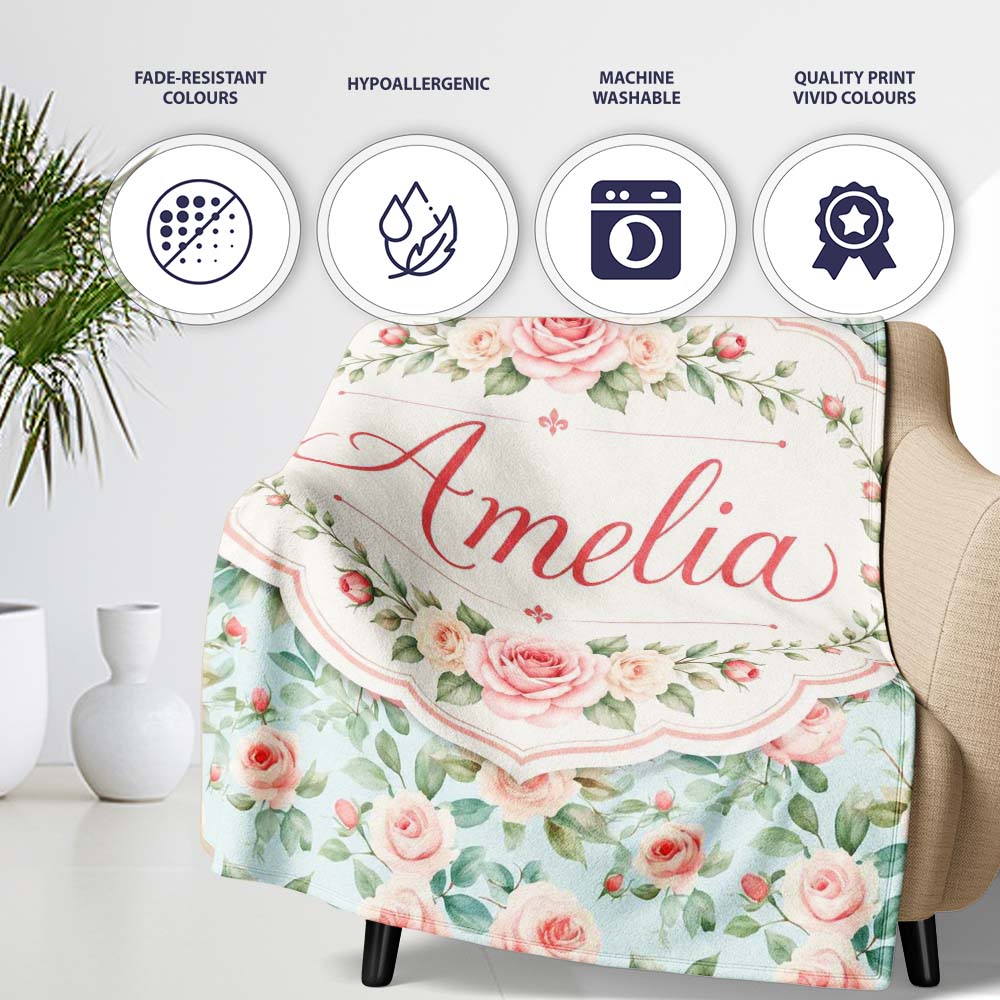 Pastel Rose Leaf Elegant Floral Seamless Pattern Name Cute Unique Personalised Custom Name Super Soft Fleece Blanket Bed Sofa Throw