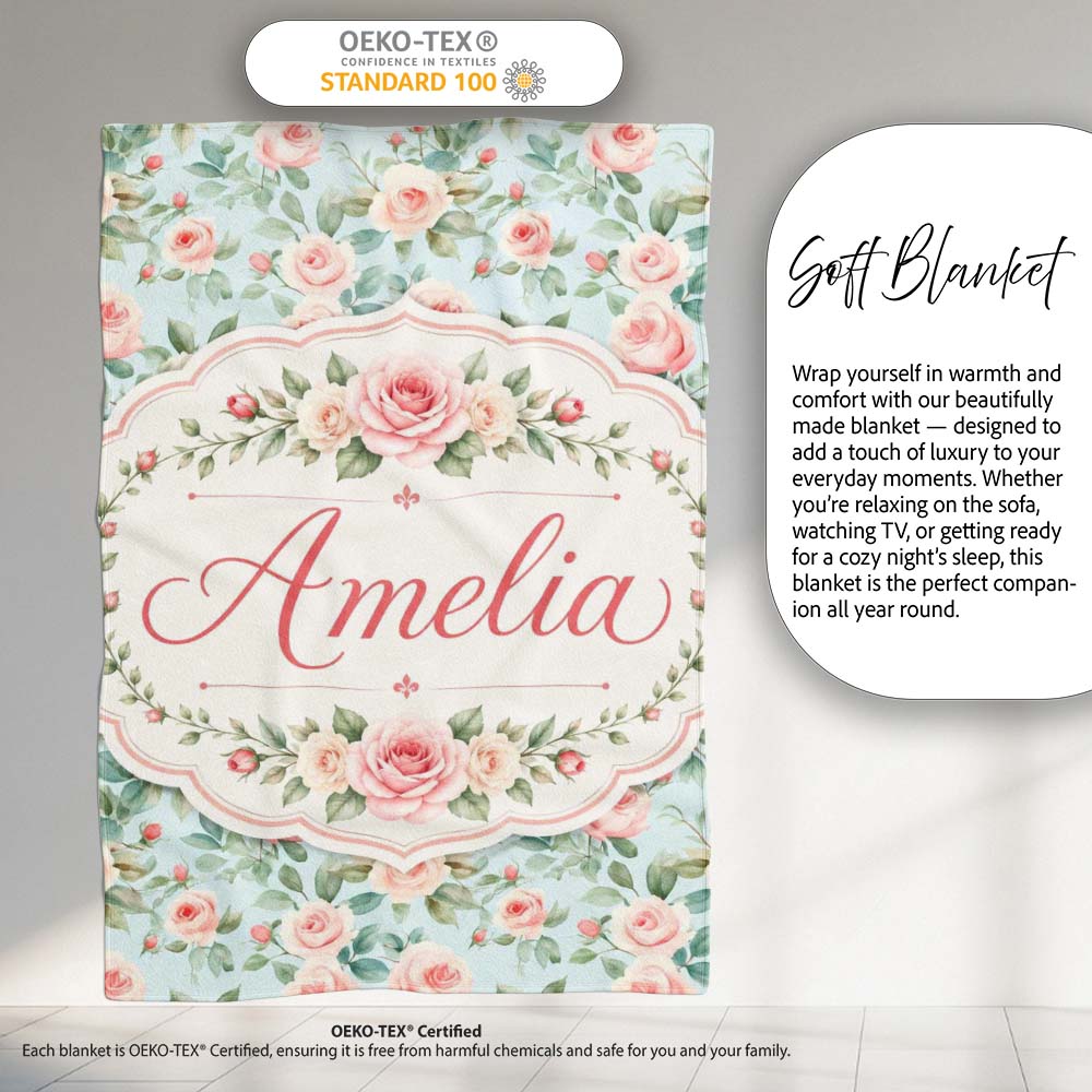 Pastel Rose Leaf Elegant Floral Seamless Pattern Name Cute Unique Personalised Custom Name Super Soft Fleece Blanket Bed Sofa Throw