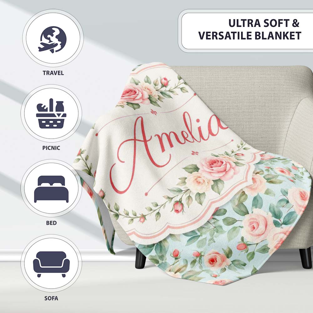 Pastel Rose Leaf Elegant Floral Seamless Pattern Name Cute Unique Personalised Custom Name Super Soft Fleece Blanket Bed Sofa Throw