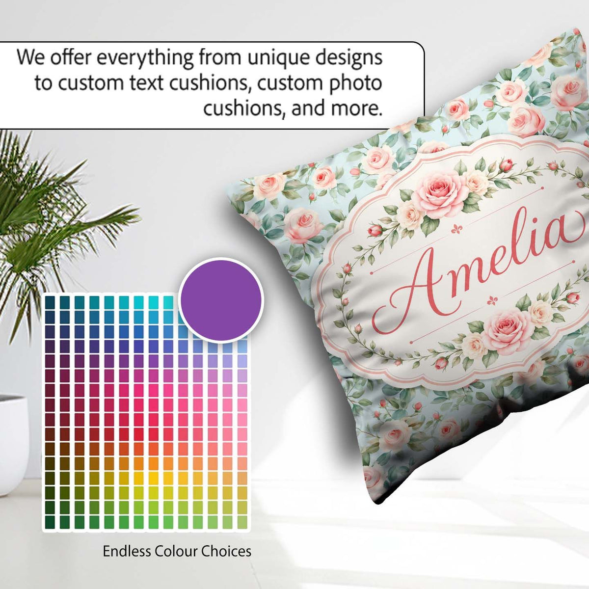 Custom Name Pastel Rose Leaf Elegant Seamless Pattern Name Cute Square Filled Cushion Throw Pillow Sofa Bed Home Decor Zip Washable UK Made