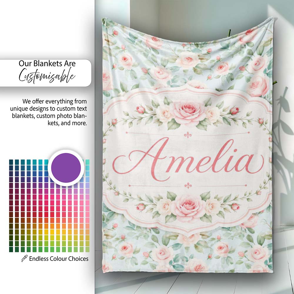 Pastel Rose Leaf Elegant Floral Seamless Pattern Name Cute Unique Personalised Custom Name Super Soft Fleece Blanket Bed Sofa Throw