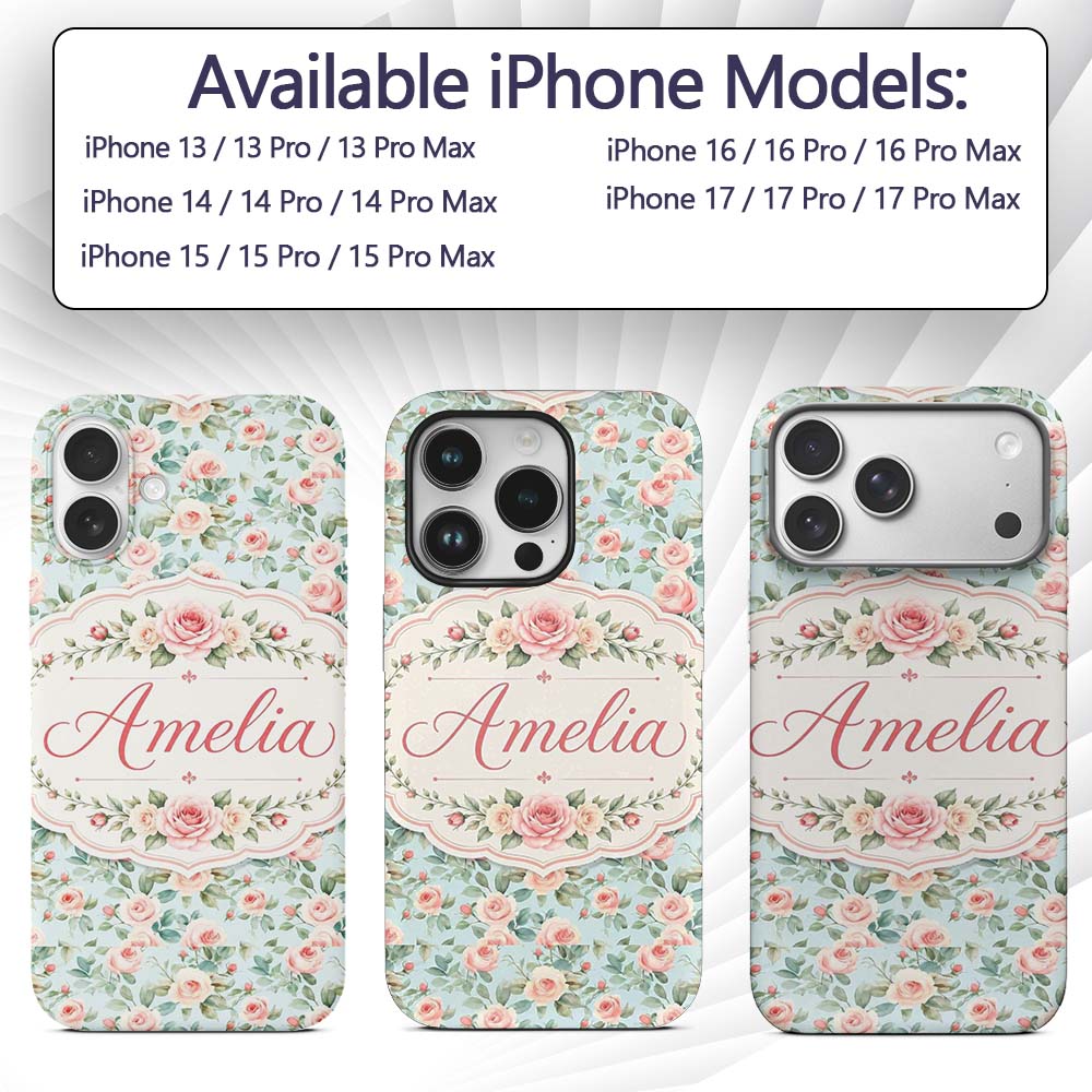 Pastel Rose Leaf Elegant Floral Seamless Pattern Custom Name Protective Phone Case Mobile Cover Durable Everyday Smartphone Shock Resistant