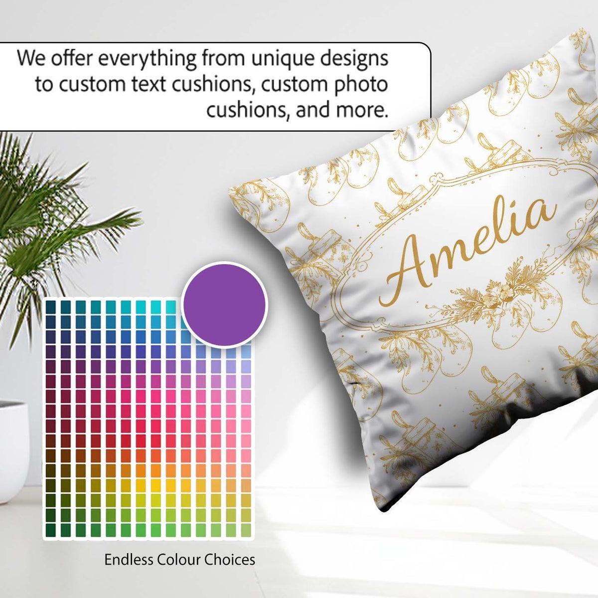 Custom Name Gold Christmas Stockings Outline Seamless Pattern Square Filled Cushion Throw Pillow Sofa Bed Home Decor Zip Washable UK Made
