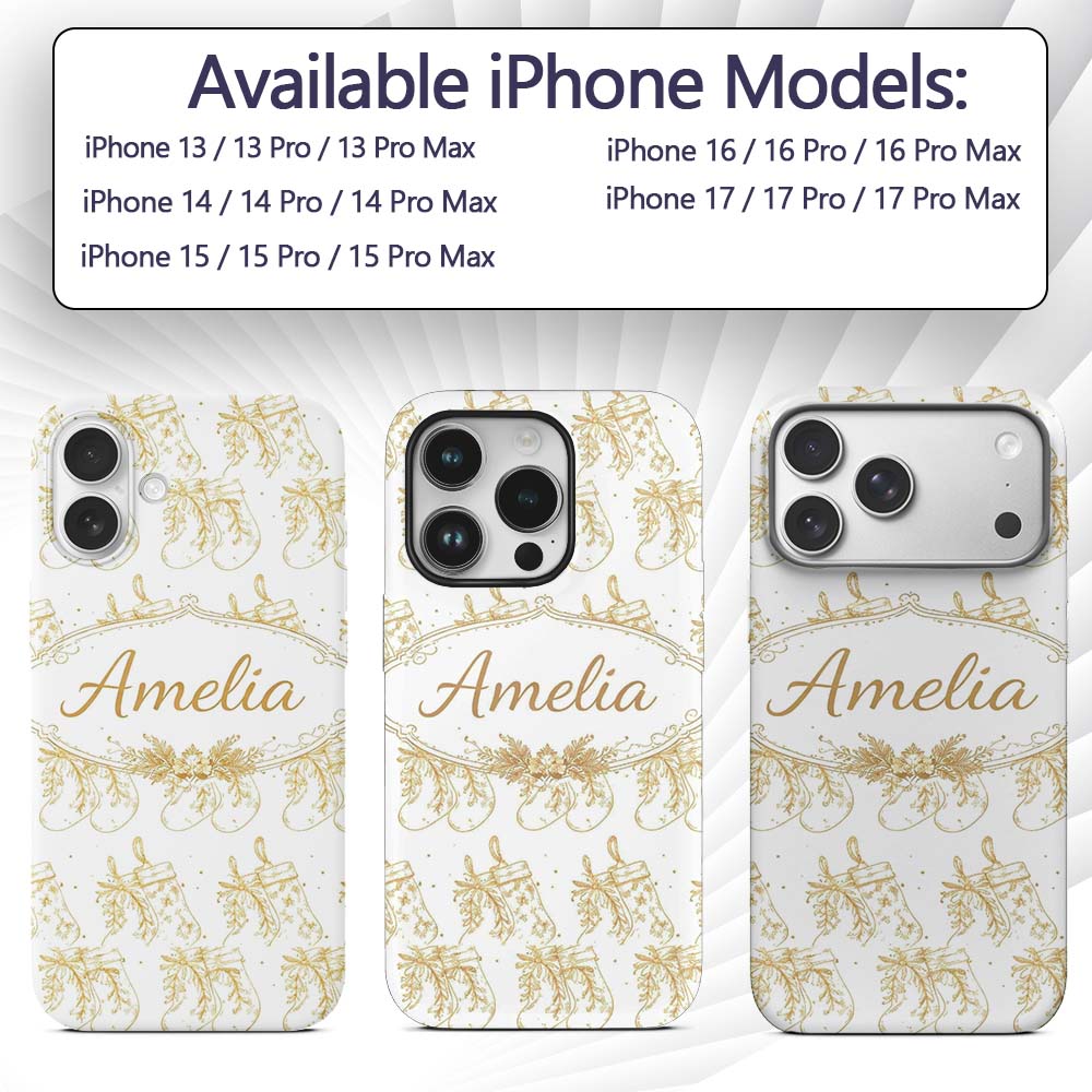 Gold Christmas Stockings Outline Seamless Pattern Custom Name Protective Phone Case Mobile Cover Durable Everyday Smartphone Shock Resistant