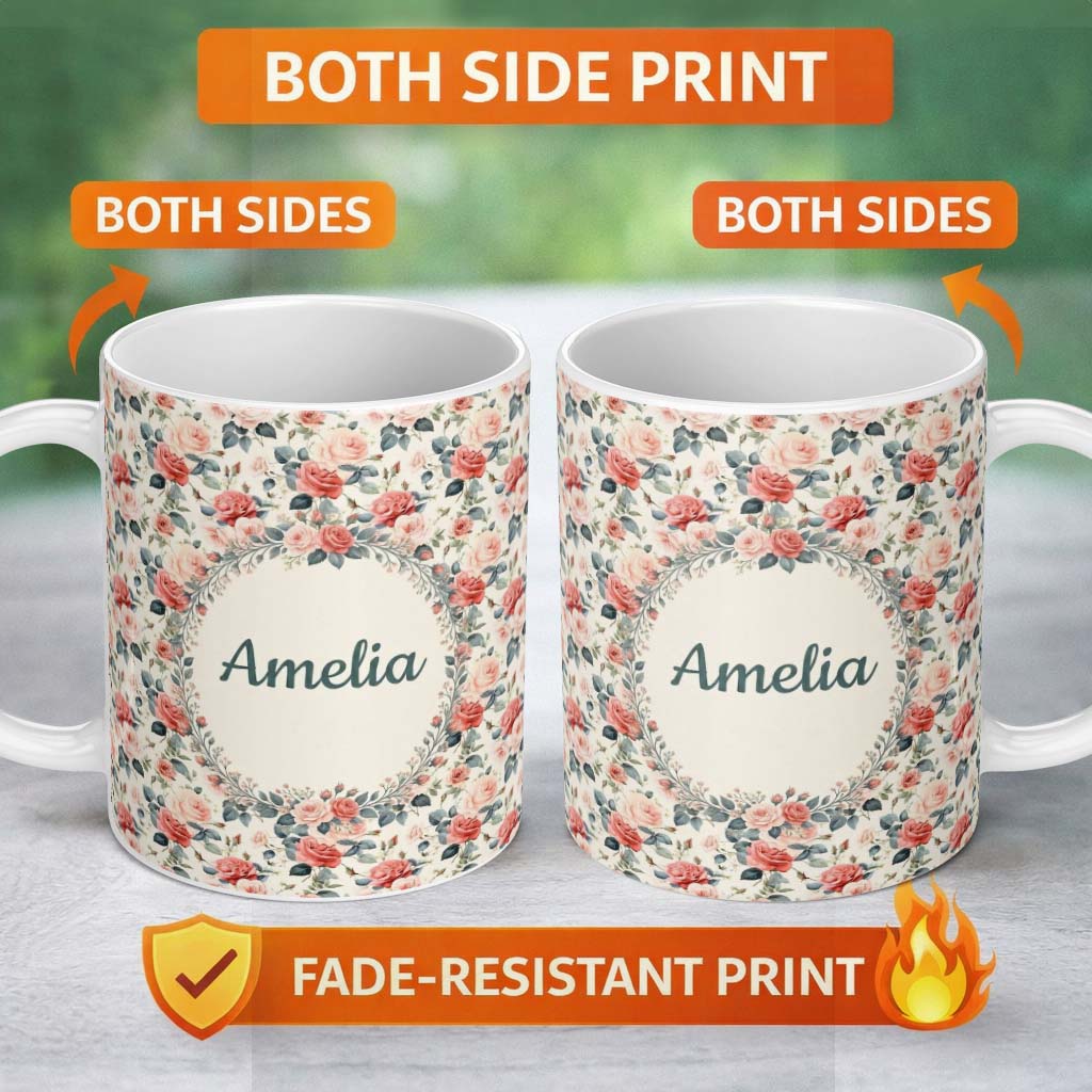 Personalized Custom Name Delicate Peach Rose Botanical Floral Seamless Pattern Name Cute 11oz Ceramic Coffee Tea Mug White Large Handle