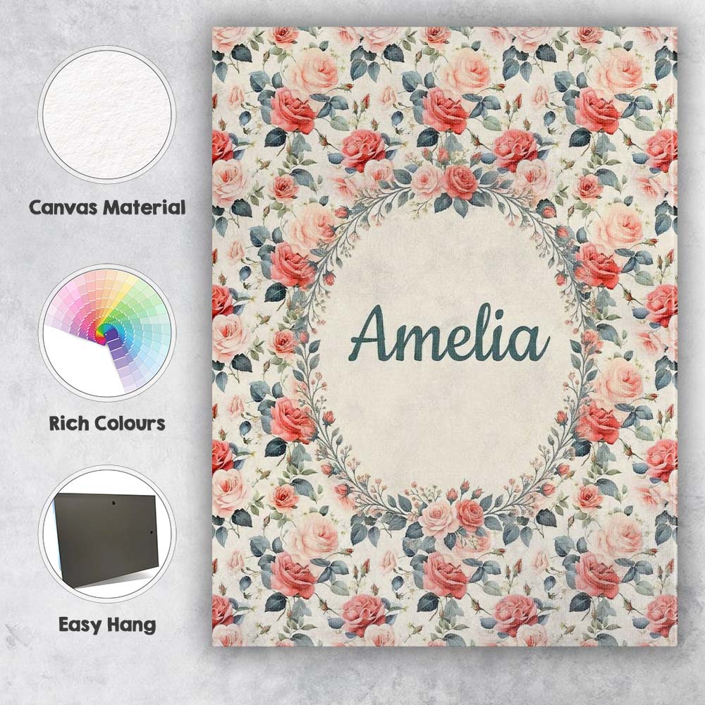 Personalised Name Delicate Peach Rose Custom Modern Room Accent Creative Decorator Style Canvas Wall Art Print Decor Picture Ready to Hang