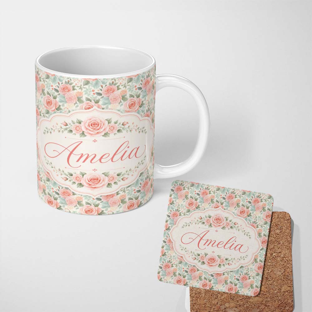 Personalized Custom Name Soft Pastel Watercolor Roses Floral Seamless Pattern Name Cute 11oz Ceramic Coffee Tea Mug White Large Handle