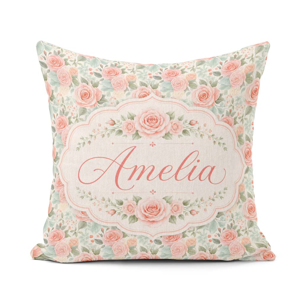 Custom Name Soft Pastel Roses Floral Seamless Pattern Name Cute Square Filled Cushion Throw Pillow Sofa Bed Home Decor Zip Washable UK Made