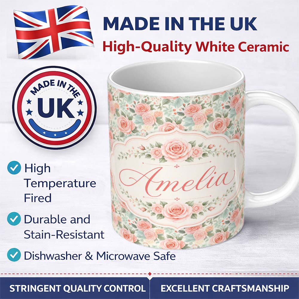 Personalized Custom Name Soft Pastel Watercolor Roses Floral Seamless Pattern Name Cute 11oz Ceramic Coffee Tea Mug White Large Handle