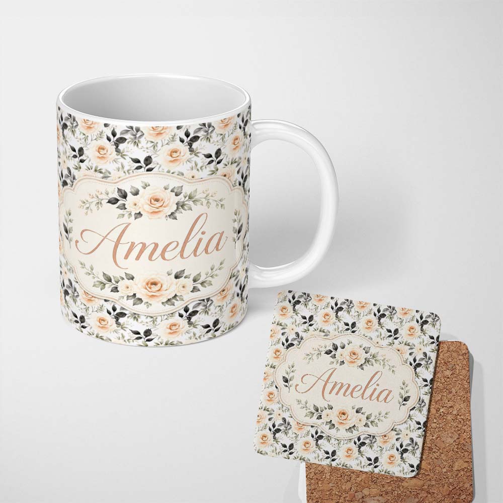 Personalized Custom Name Neutral Cream Rose Botanical Floral Seamless Pattern Name Cute 11oz Ceramic Coffee Tea Mug White Large Handle