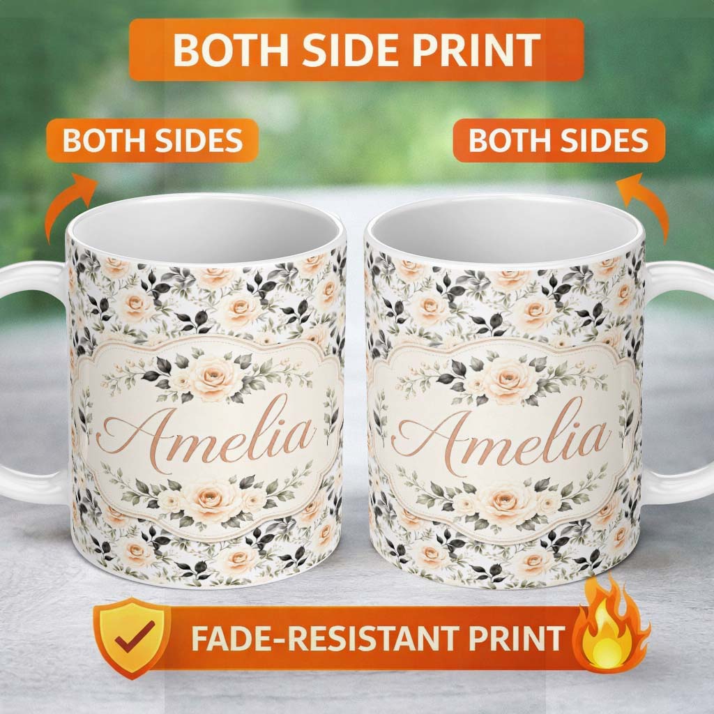 Personalized Custom Name Neutral Cream Rose Botanical Floral Seamless Pattern Name Cute 11oz Ceramic Coffee Tea Mug White Large Handle