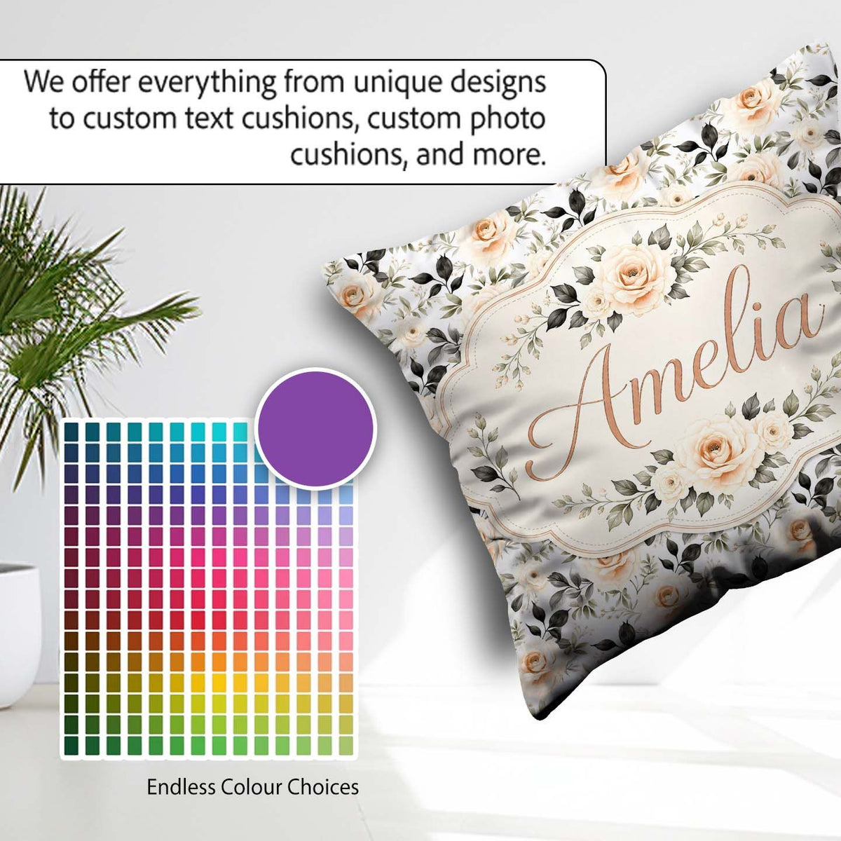 Custom Name Neutral Cream Rose Floral Seamless Pattern Name Cute Square Filled Cushion Throw Pillow Sofa Bed Home Decor Zip Washable UK Made