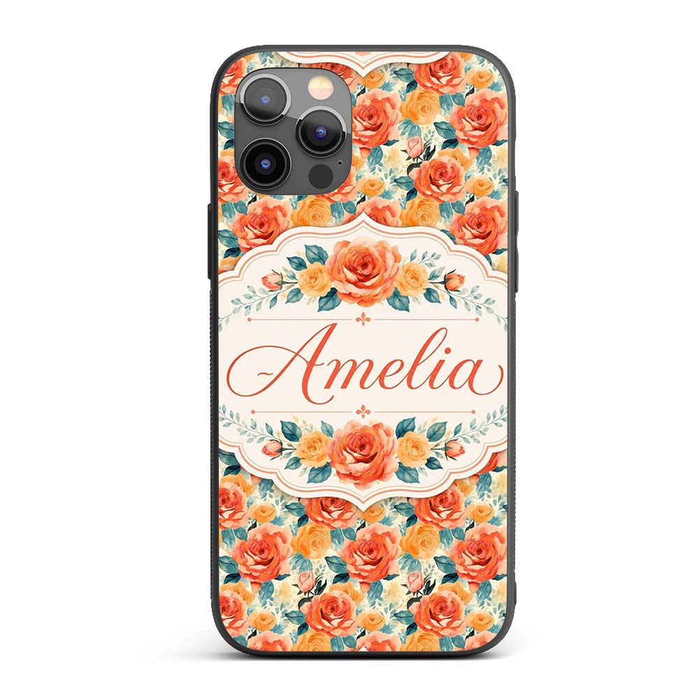 Vibrant Coral Orange Roses Floral Printed Design Custom Name Protective Phone Case Mobile Cover Durable Everyday Smartphone Shock Resistant
