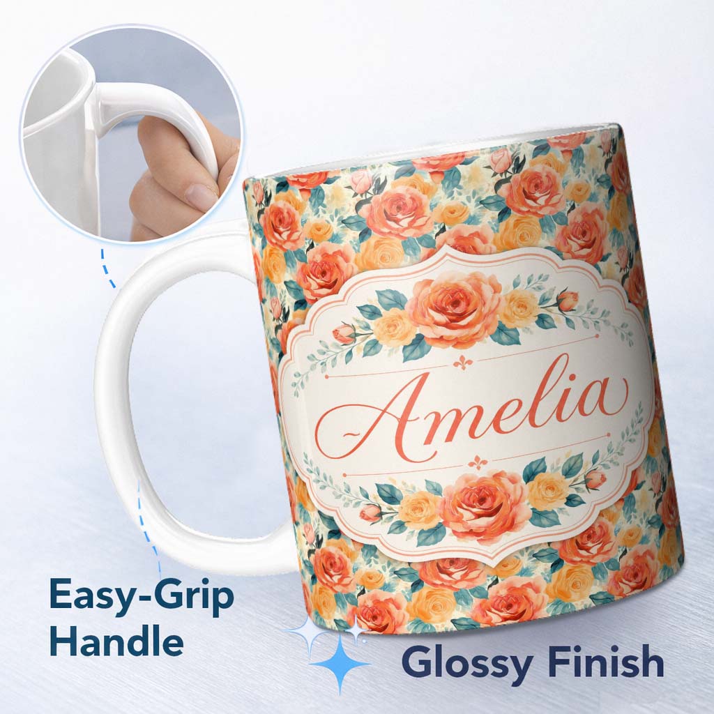 Personalized Custom Name Vibrant Coral Orange Roses Floral Seamless Pattern Name Cute Unique 11oz Ceramic Coffee Tea Mug White Large Handle
