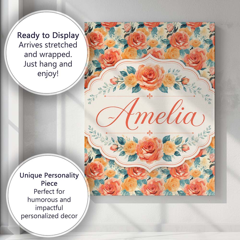 Personalised Name Vibrant Coral Orange Custom Modern Room Accent Elegant Feature Canvas Wall Art Print Decor Picture Ready to Hang