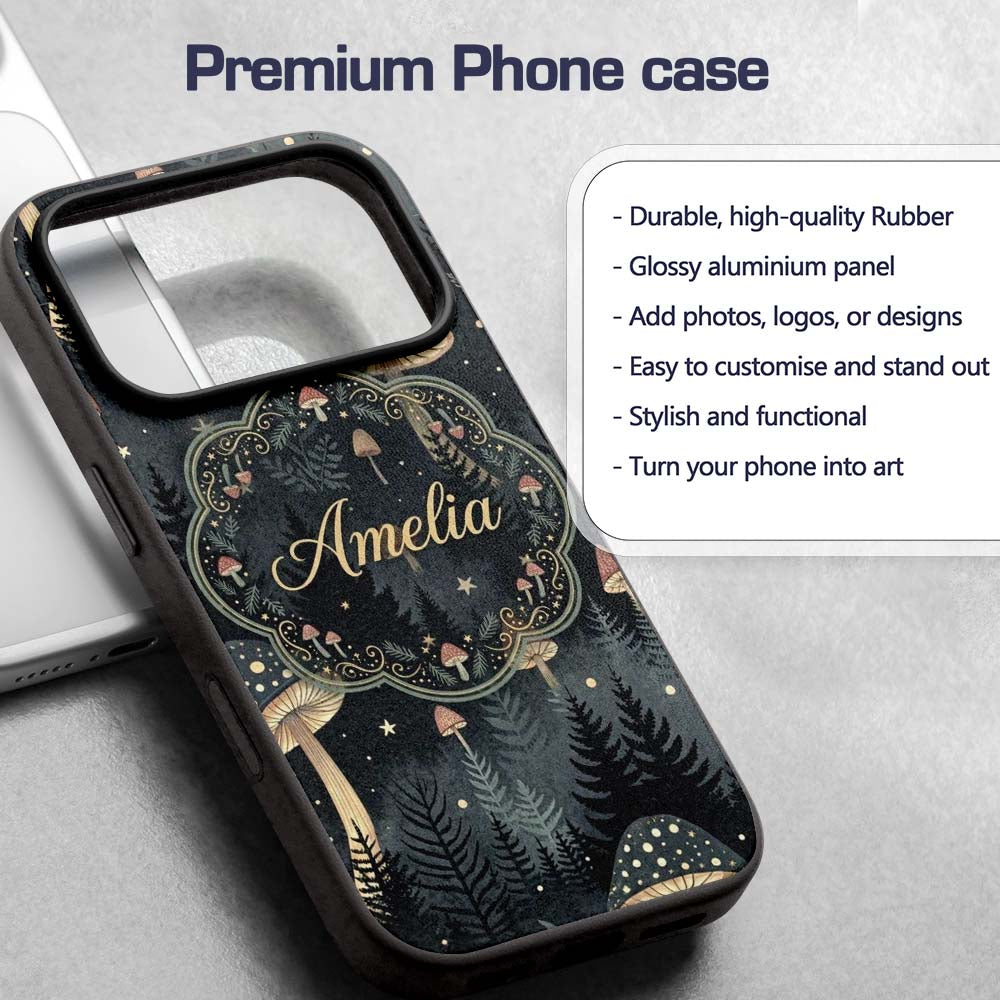 Glowing Mushroom Botanical Night Forest Seamless Custom Name Protective Phone Case Mobile Cover Durable Everyday Smartphone Shock Resistant